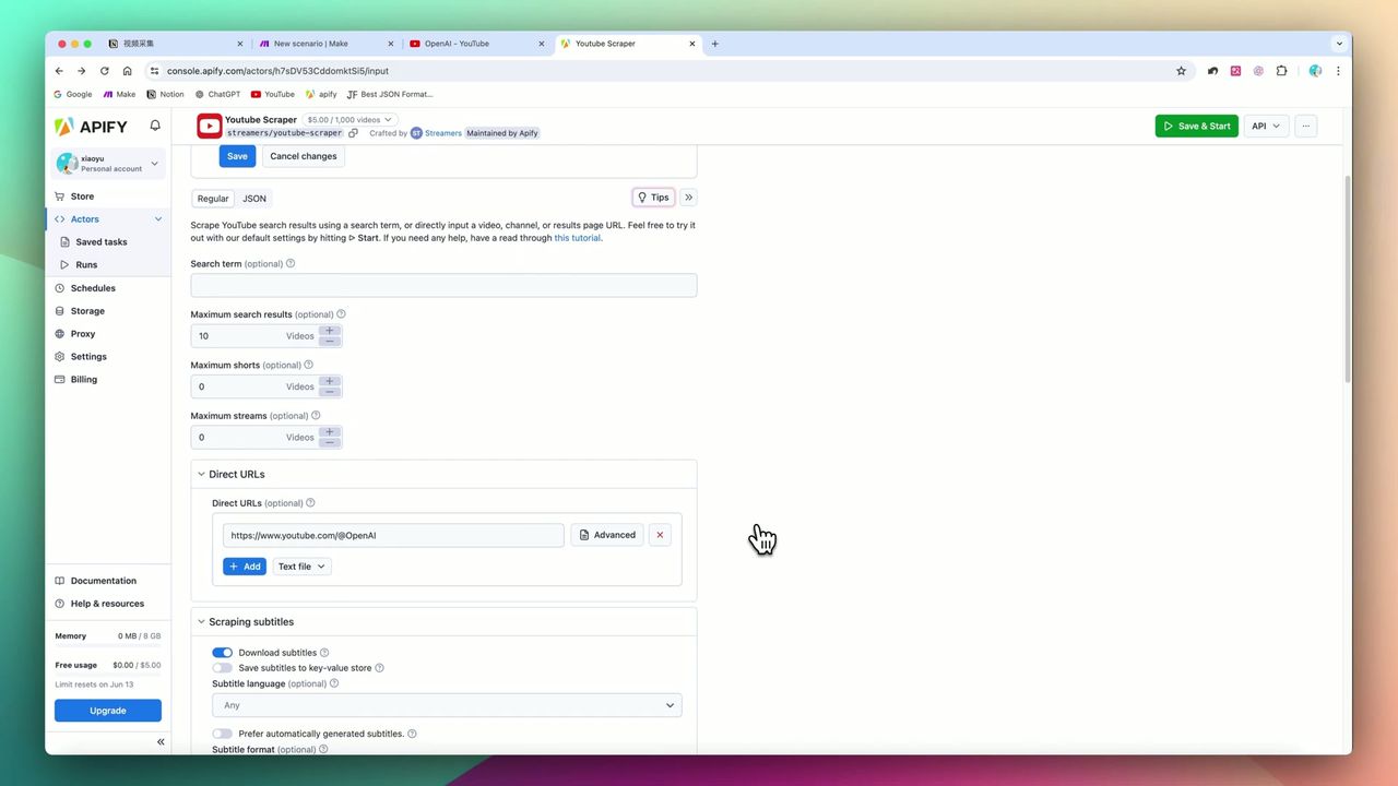 Apify JSON parameter configuration