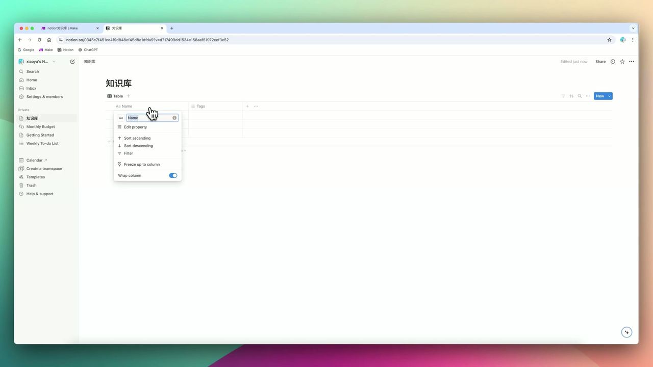 Notion database configuration